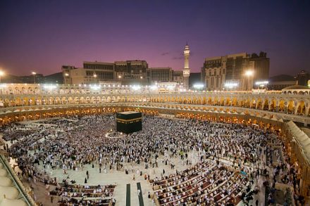 Muslim pilgrims circumambulate (walk around) the Kaaba after dawn prayer at Masjidil Haram in Makkah, Saudi Arabia. Muslims all around the world face the Kaaba during prayer time.